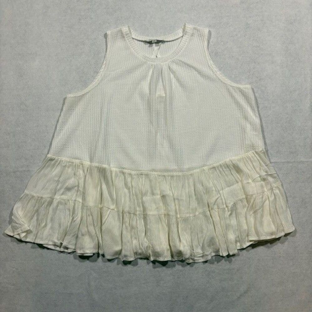 Davi & Dani Womens Large Ivory Sleeveless Waffle Knit Ruffle Hem Boho Peplum Top